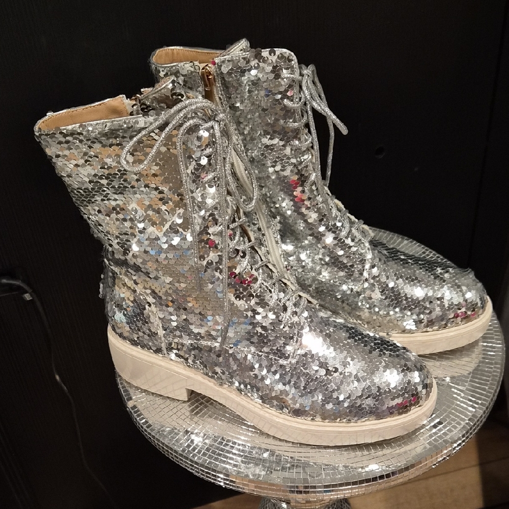 Silver Sequin Zip Up Women's Boots